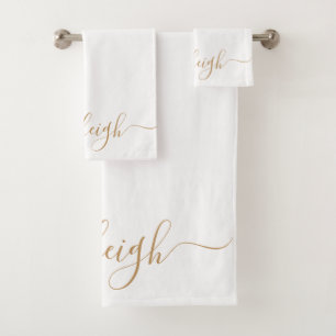 Moderne elegante Goldene Schrift Name Weiß Badhandtuch Set