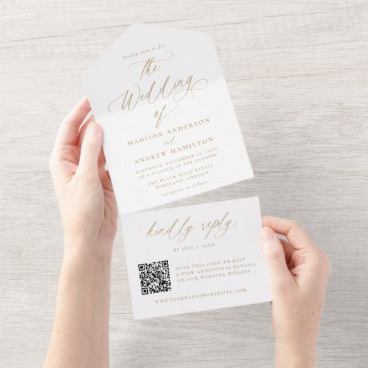 Moderne elegante Goldkalligraphie-Hochzeit All In One Einladung (Abreißen)