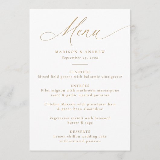 Moderne elegante Goldkalligraphie-Hochzeit Menükarte (Vorderseite)