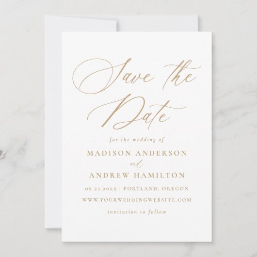 Moderne elegante Goldkalligraphie-Hochzeit Save The Date (Vorderseite)