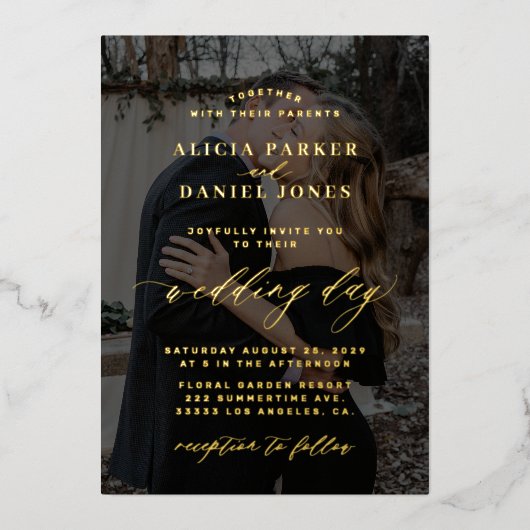 Moderne, elegante Goldüberlagerung Foto Schwarze H Folieneinladung (Vorderseite)