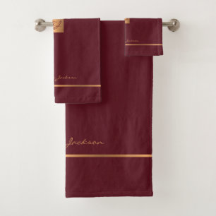 Moderne elegante Granat-Chic-Monogramm-Streifen Badhandtuch Set