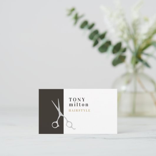Moderne Elegante Grau Weiße Streifen Haarstylistin Visitenkarte (Stehend Vorderseite)