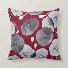 Moderne Elegante Gray Poppy Blume Burgund Kissen