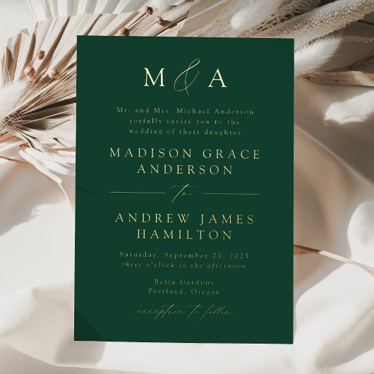 Moderne, elegante Green und Gold Monogram Wedding Folieneinladung
