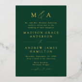 Moderne, elegante Green und Gold Monogram Wedding Folieneinladung (Vorderseite)