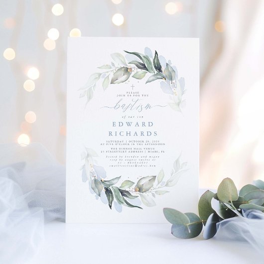 Moderne Elegante Grüne Dusty Blauer Taufe Einladung