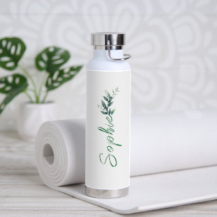 Moderne elegante grüne floral Blätter Name Schrift Trinkflasche