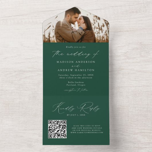 Moderne Elegante Grüne Foto Hochzeit All In One Einladung (Innen Boden)