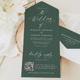 Moderne elegante grüne Hochzeit in Kalligrafie All In One Einladung