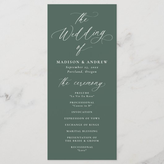 Moderne elegante grüne Hochzeit in Kalligrafie Programm (Vorderseite)
