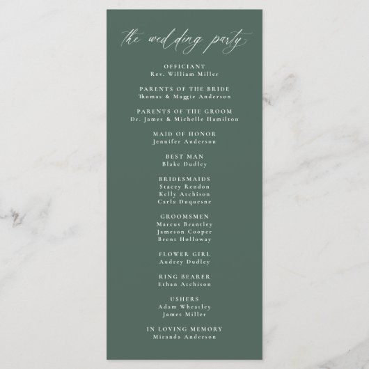 Moderne elegante grüne Hochzeit in Kalligrafie Programm (Rückseite)