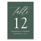 Moderne elegante grüne Hochzeit in Kalligrafie Tischnummer (Rückseite)