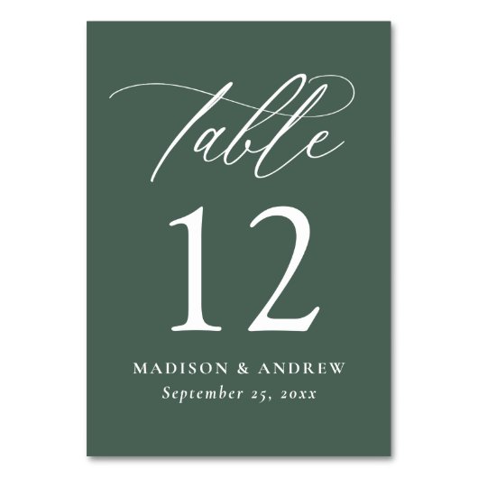 Moderne elegante grüne Hochzeit in Kalligrafie Tischnummer (Rückseite)