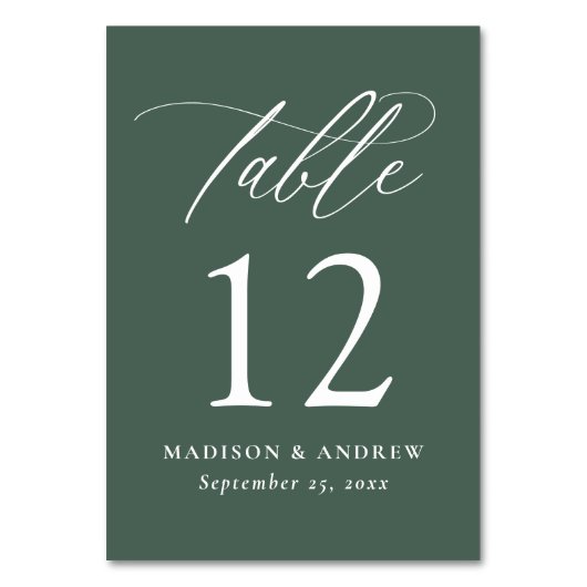 Moderne elegante grüne Hochzeit in Kalligrafie Tischnummer (Vorderseite)