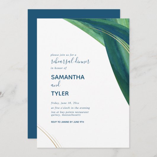 Moderne, elegante grüne Probe und Marine laden ein Einladung (Vorne/Hinten)