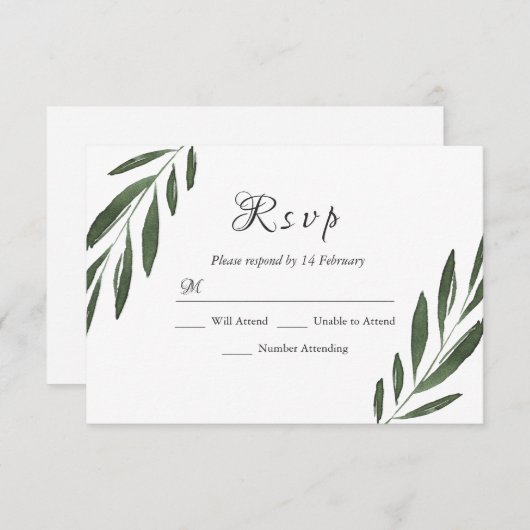 Moderne elegante grüne Wasserfarben Leaf Wedding R RSVP Karte (Vorne/Hinten)