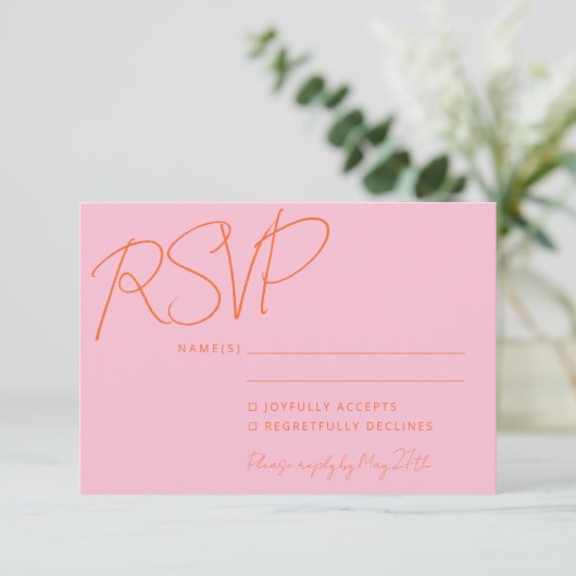 Moderne Elegante Handschrift Rosa Orangefarbene Ho RSVP Karte (Stehend Vorderseite)
