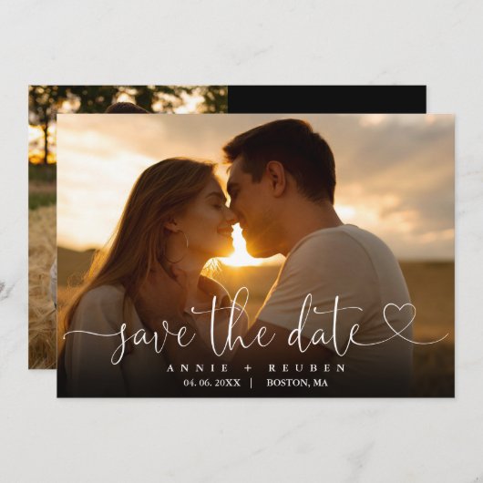 Moderne elegante Heart Script Foto Wedding Save The Date (Vorne/Hinten)