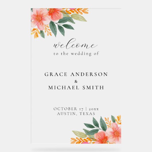 Moderne elegante, helle Blumenhochzeit Willkommen Acrylschild (Vorderseite)