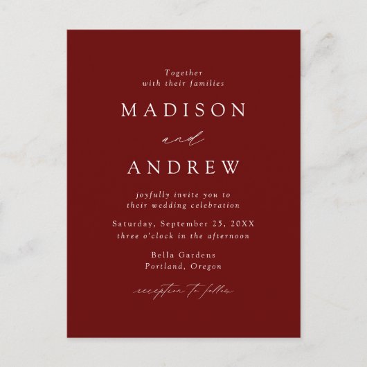 Moderne elegante Hochzeit in Burgund Einladungspostkarte (Vorderseite)