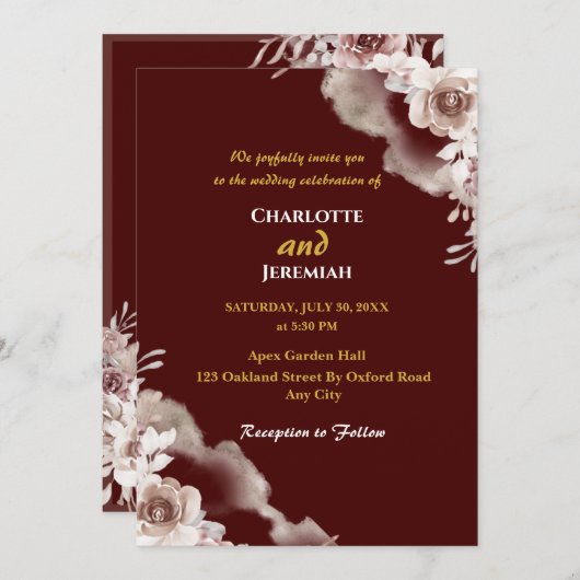 Moderne elegante Hochzeit in Burgund & Gold Einladung (Vorne/Hinten)