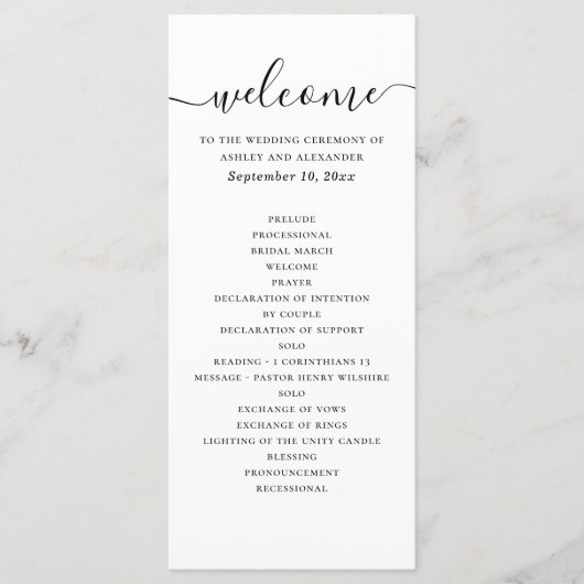 Moderne elegante Hochzeit | Minimale Skript-Zeremo Programm (Vorderseite)