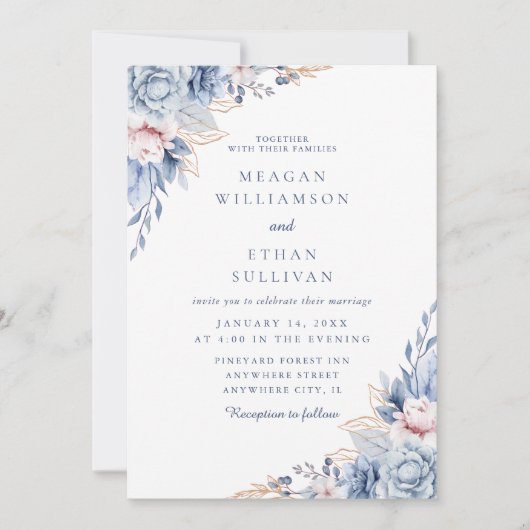 Moderne elegante Hochzeit mit Blauen Wasserfarben Einladung (Vorderseite)