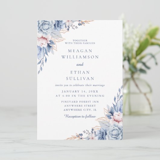 Moderne elegante Hochzeit mit Blauen Wasserfarben Einladung (Stehend Vorderseite)
