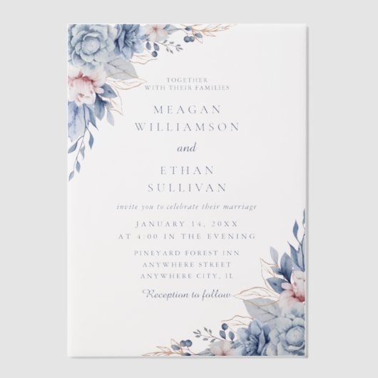 Moderne elegante Hochzeit mit Blauen Wasserfarben Pergament Einladungen (Vorderseite)