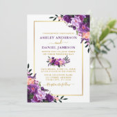 Moderne, elegante Hochzeit mit Lila Blumen Einladung (Stehend Vorderseite)