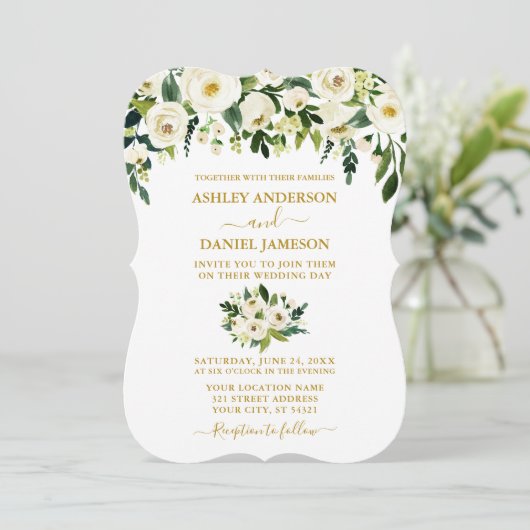 Moderne, elegante Hochzeit mit weißer Blüte in Gol Einladung (Stehend Vorderseite)