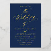 Moderne elegante Hochzeit von Marine und Gold Call Folieneinladung (Vorderseite)