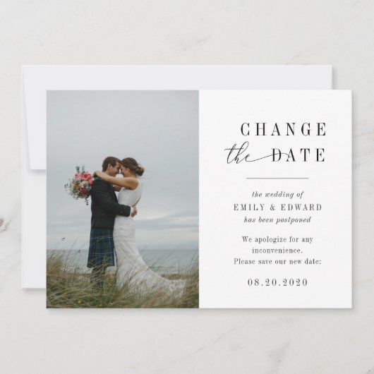 Moderne Elegante Hochzeiten ändern die Datumskarte Save The Date (Vorderseite)