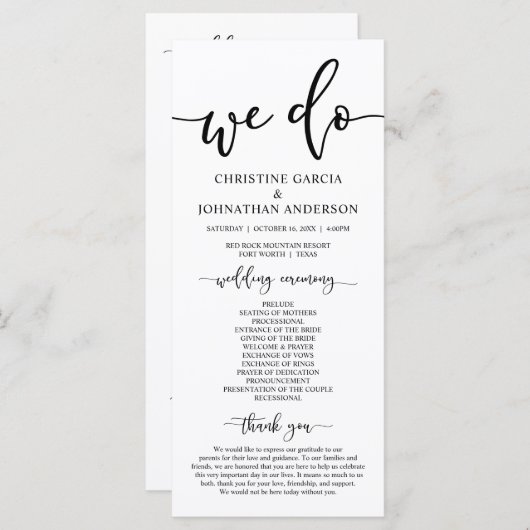 Moderne, elegante Hochzeitsfeier Programm (Vorne/Hinten)