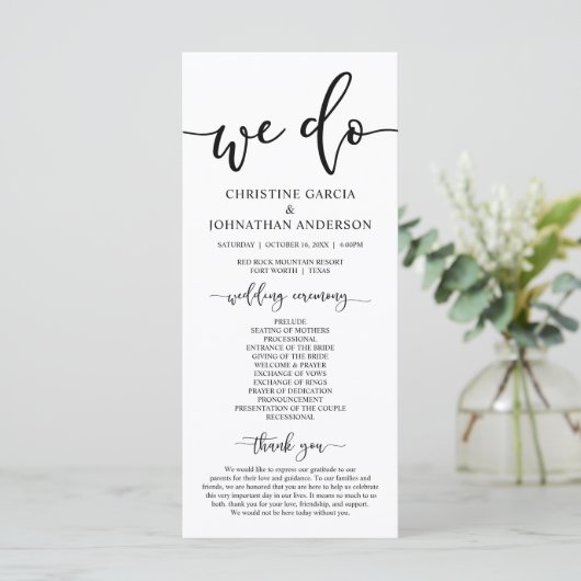 Moderne, elegante Hochzeitsfeier Programm (Stehend Vorderseite)