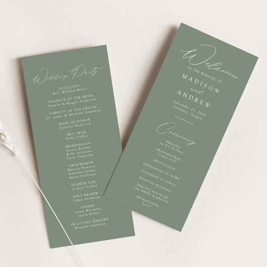 Moderne elegante Hochzeitsprogramm in Salbeigrün