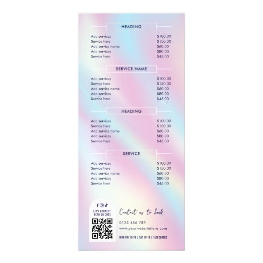 Moderne, elegante Holographic Salon Menu Preislist Werbekarte (Hinten)