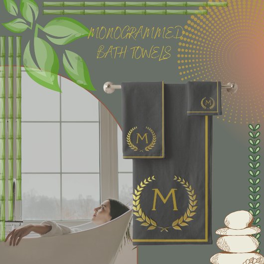 Moderne elegante Holzkohle Gold Chic Monogrammiert Badhandtuch Set