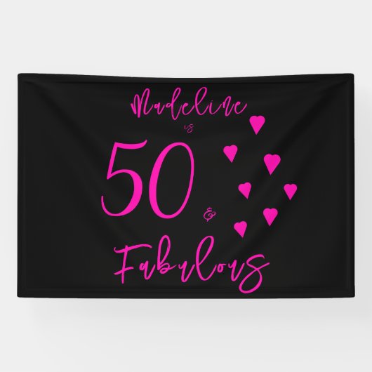Moderne elegante Hot Pink Hearts Black 50. Geburts Banner (Horizontal)