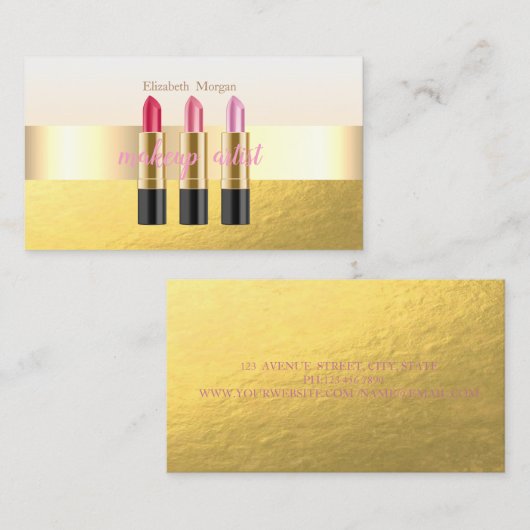 Moderne elegante Imitate Gold, Lipstick, Makeup Ar Visitenkarte (Vorne/Hinten)