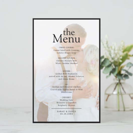 Moderne Elegante Imitate Vellum Foto Dinner Menü (Stehend Vorderseite)