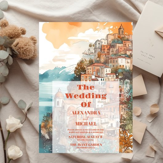 Moderne elegante Italien-Hochzeit in Urlaubsort Einladung