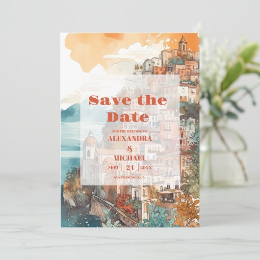 Moderne elegante Italien-Hochzeit in Urlaubsort Save The Date (Stehend Vorderseite)