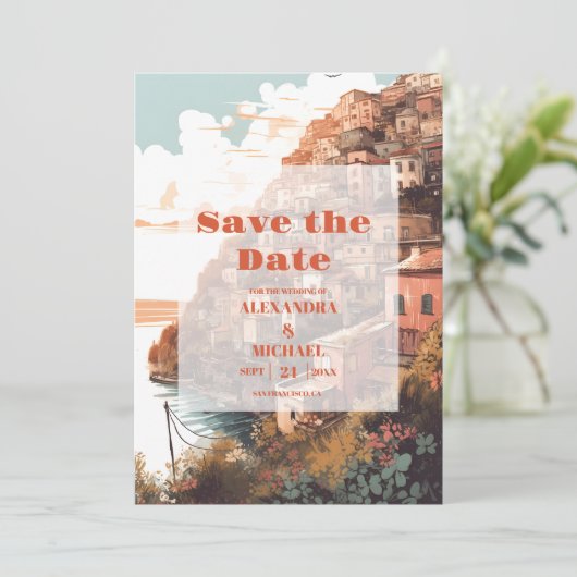Moderne elegante Italien-Hochzeit in Urlaubsort Save The Date (Stehend Vorderseite)