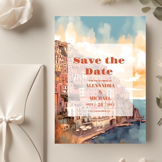 Moderne elegante Italien-Hochzeit in Urlaubsort Save The Date