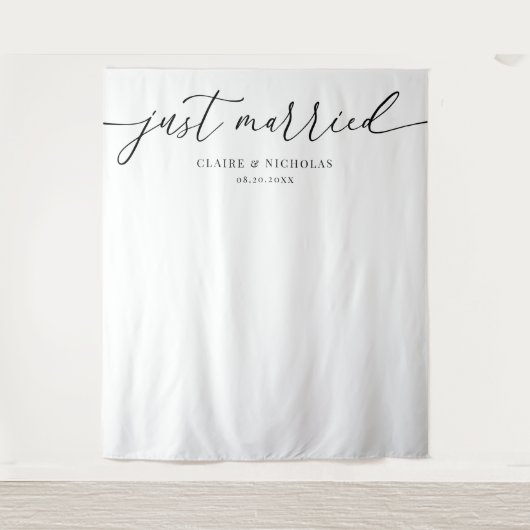 Moderne elegante Just Married Hochzeitsfotohinterg Wandteppich (Vorderseite)