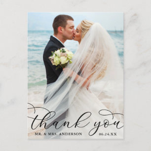 Moderne elegante Kalligrafie Foto Hochzeit Danke Postkarte