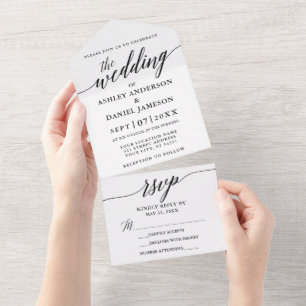 Moderne elegante Kalligrafie Hochzeit Schwarz und All In One Einladung