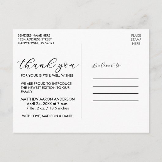 Moderne elegante Kalligrafie New Baby Danke B Postkarte (Rückseite)